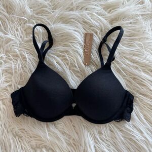 Skims Cotton Lace Lightly Lined Plunge Bra Onyx Size 34B